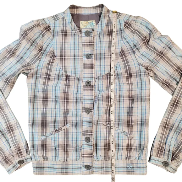 Split Women Blue Plaid Print Button Bomber Jacket Size XS - Picture 6 of 12